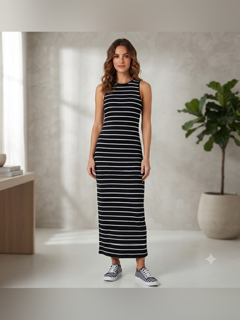 See You Monday Striped Black and White Midi Dress
